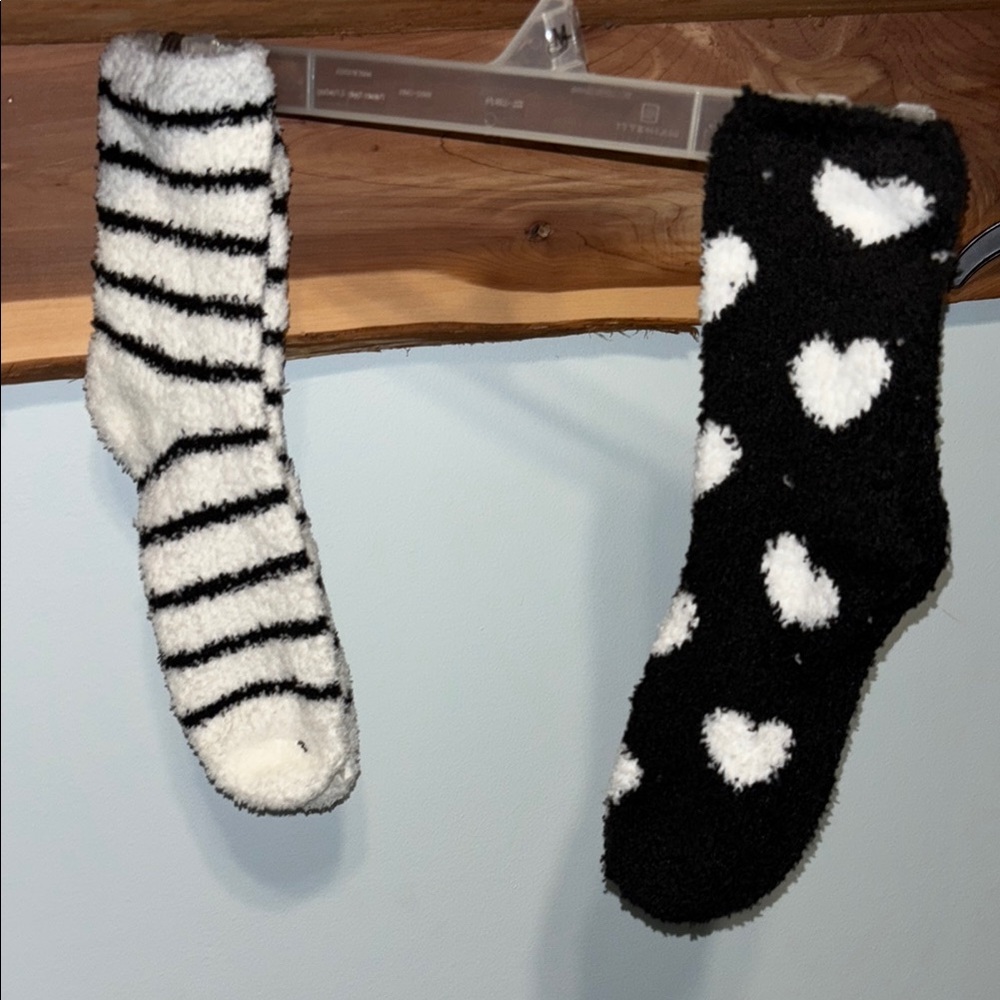 Cozy Black and White Heart and Stripe Socks